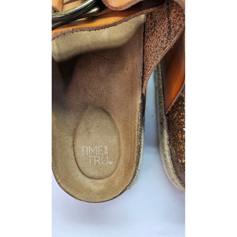 Time n Tru Womens Cognac Brown Double Strap Buckle Slide Sandals Espadrille Trim - Picture 2 of 4
